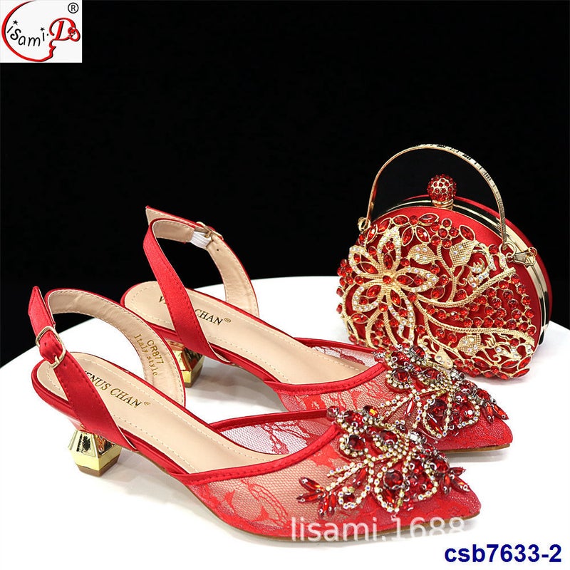 High-Heeled Large Flash Diamond Carved Elastic Sandals With Party Handbag Suit Shoes And Bag Set - Image 2